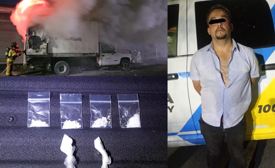 Hombre detenido tras ser acusado de incendiar un camión de carga y encontrarle entre sus pertenencias varias dosis de droga. Foto: Policía de Monterrey.