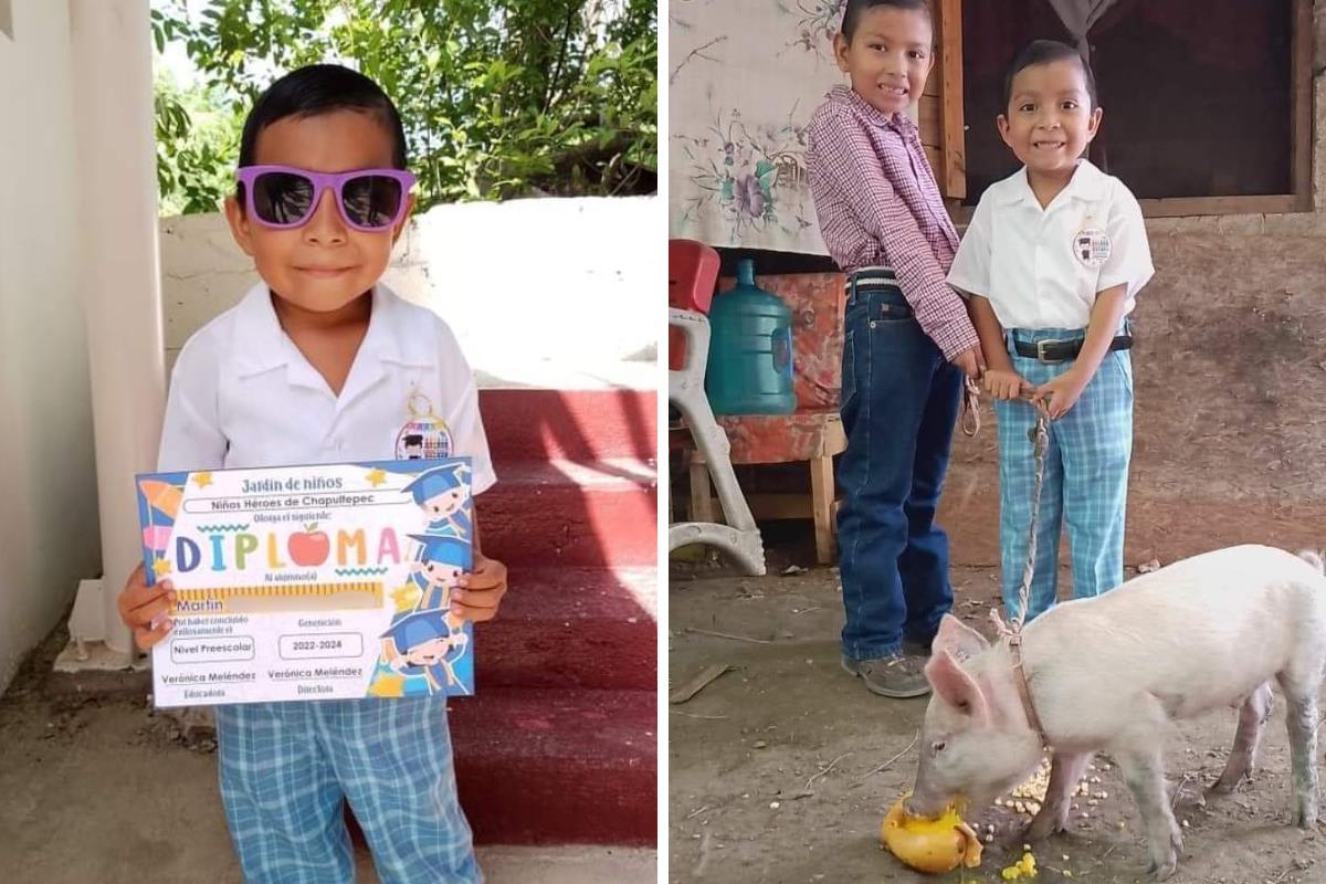 El menor posó orgulloso para la foto del recuerdo acompañado de su puerquito ante las miradas de admiración de sus compañeros de escuela. Foto: Ignacio Aceves