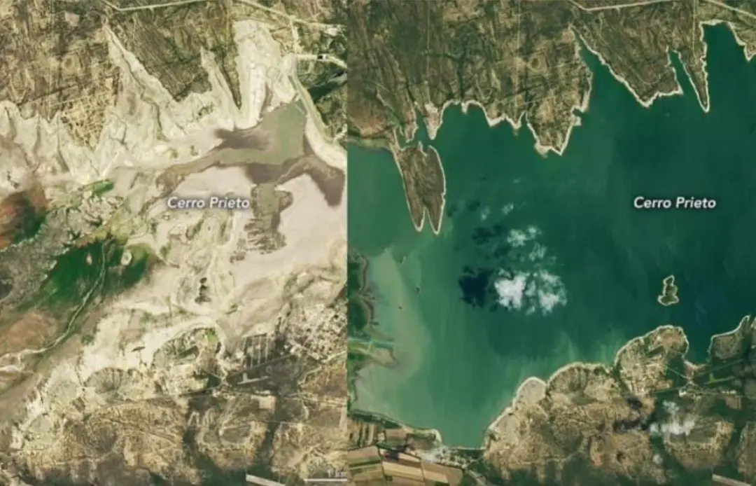 El antes y después de la Presa Cerro Prieto en el mes de junio. Foto: X @LCAlatorre