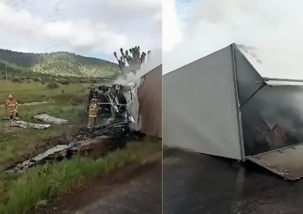 Volcadura e Incendio de Tráiler cierra la carretera 57 en Arteaga 