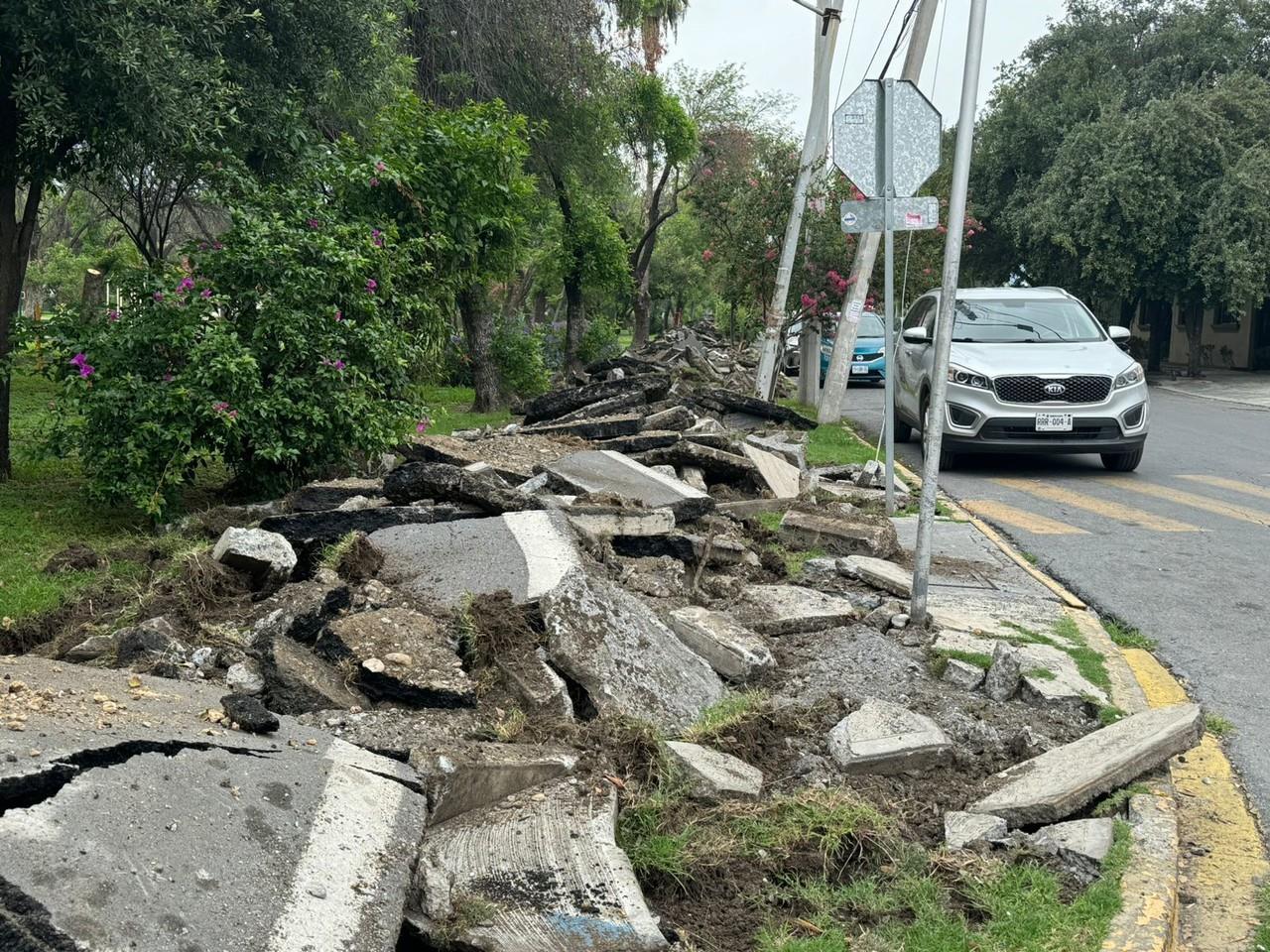 Banqueta destrozada en la colonia Roma en el sur de Monterrey. Foto: Azael Valdés