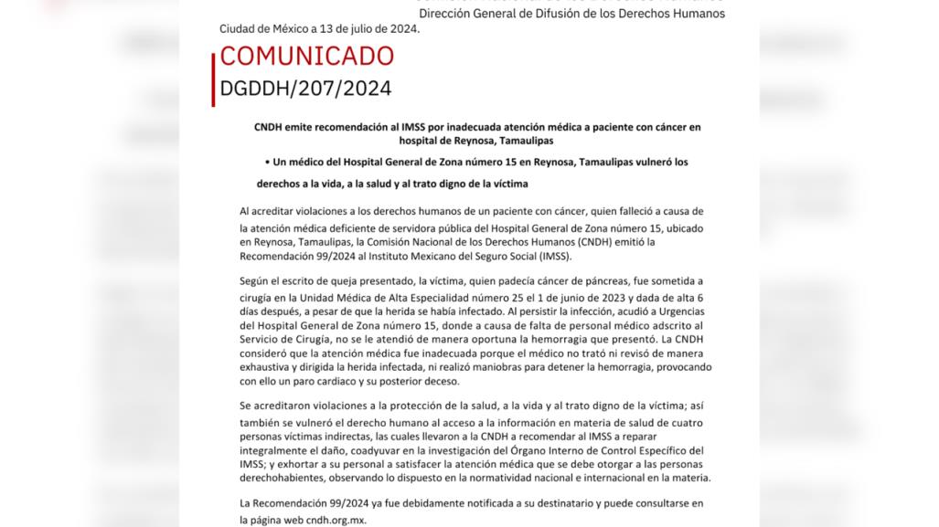 CNDH emite Recomendación al IMSS en Reynosa