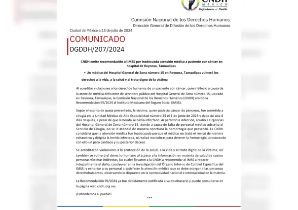 CNDH emite Recomendación al IMSS en Reynosa