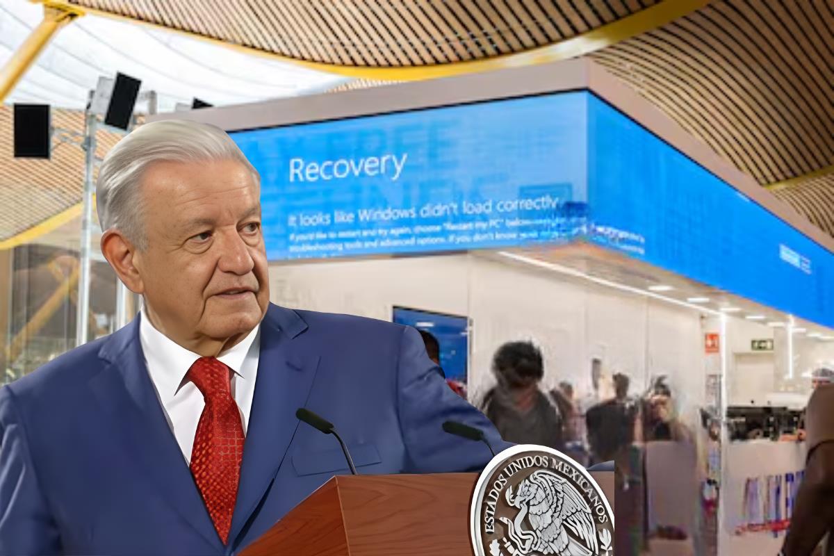 De fondo fallo de Microsoft en aeropuertos, Andrés Manuel. Foto: Captura de pantalla