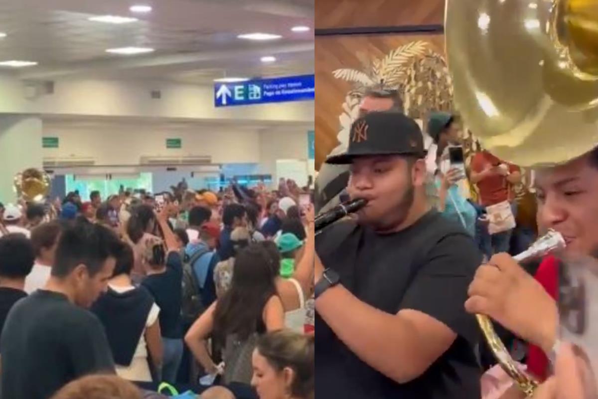 Usuarios en aeropuerto de Cancún, banda tocando. Foto: Captura de pantalla