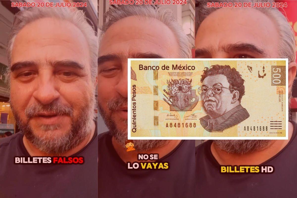 Hombre contando testimonio de billetes falsos y un billete. Foto: Especial Canva