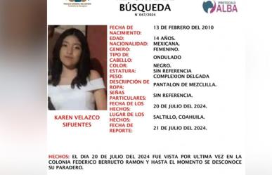 Activan Protocolo Alba en Saltillo para buscar a joven de 14 años desaparecida