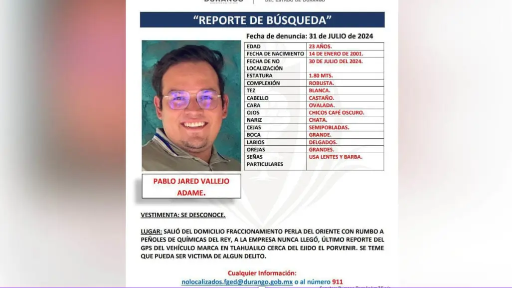 Piden ayuda para encontrar a Pablo Jared; salió de Torreón a Químicas del Rey