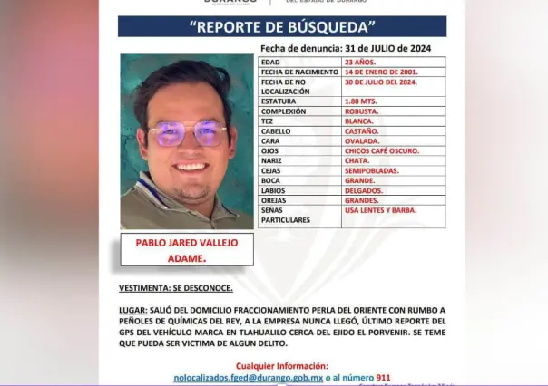 Piden ayuda para encontrar a Pablo Jared; salió de Torreón a Químicas del Rey