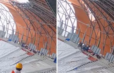 Estadio GNP trabajador queda colgado por accidente en obra | VIDEO