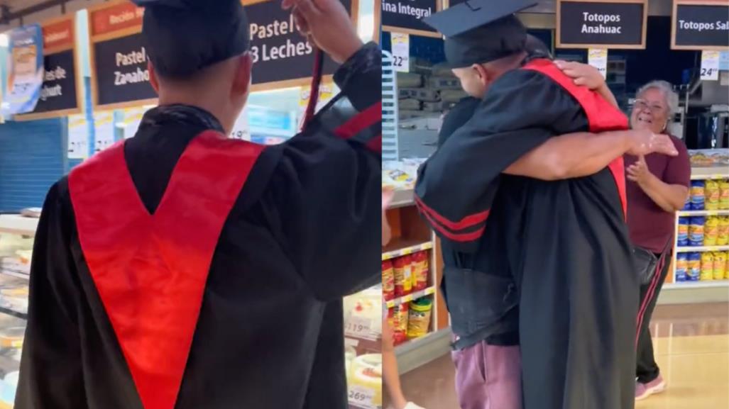 Joven con toga de graduación sorprende a su padre mientras trabajaba (VIDEO)