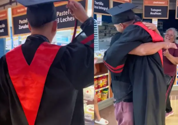 Joven con toga de graduación sorprende a su padre mientras trabajaba (VIDEO)