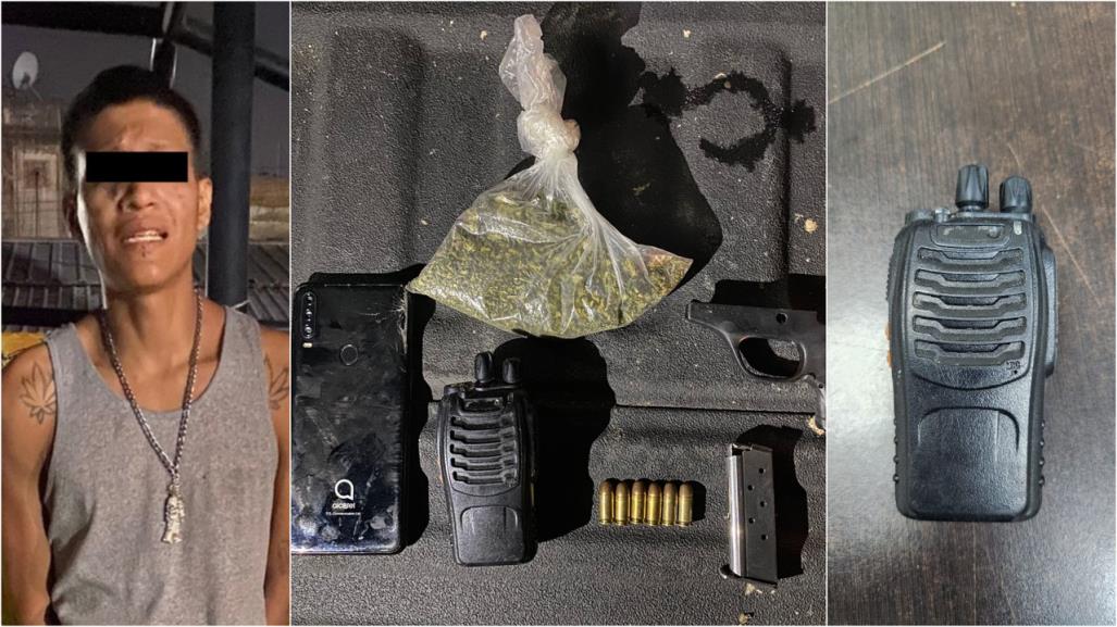 Arrestan a hombre con radio frecuencia, marihuana y arma en Monterrey