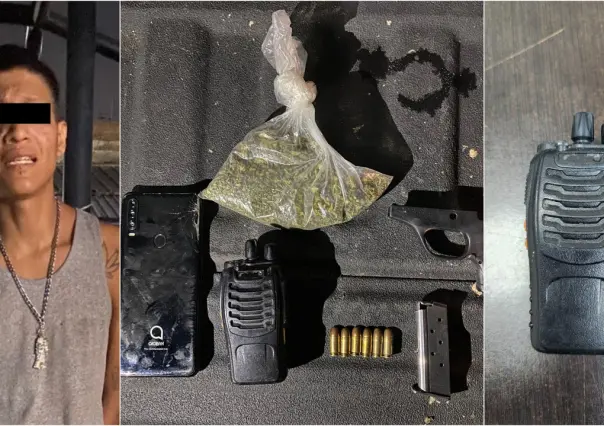 Arrestan a hombre con radio frecuencia, marihuana y arma en Monterrey