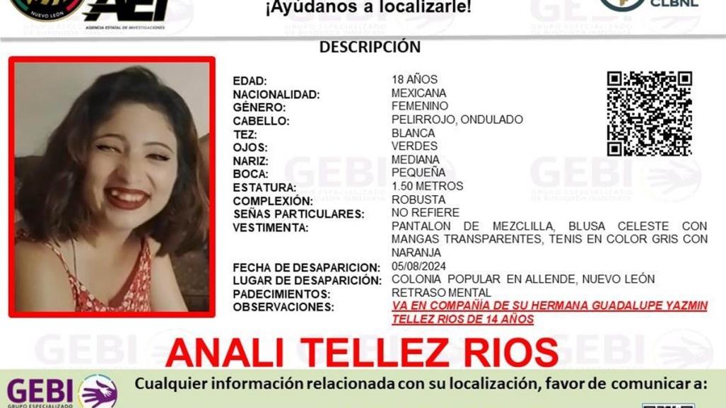 Buscan a Analí Téllez Ríos y su hermana de 14 en Allende