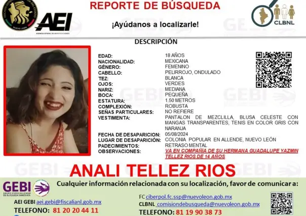 Buscan a Analí Téllez Ríos y su hermana de 14 en Allende