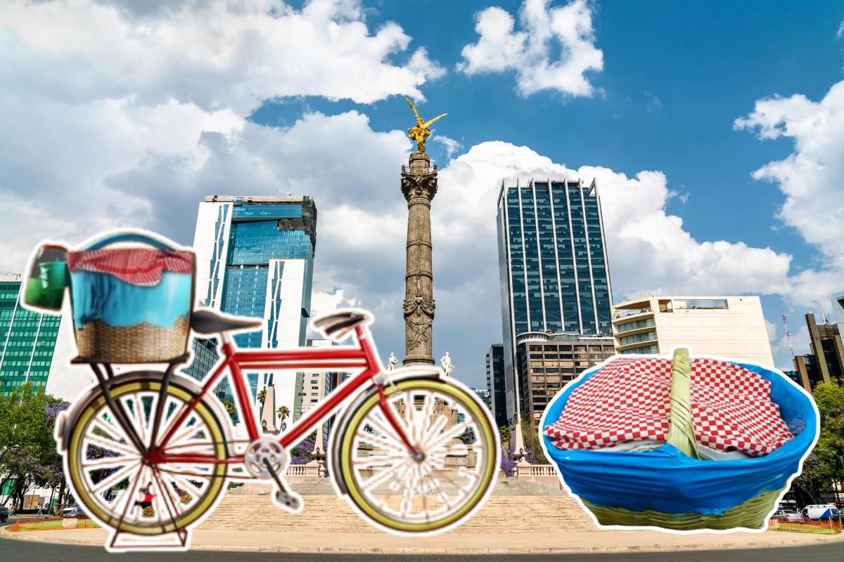 Ángel de la Independencia con bicicleta de tacos de canasta.    Foto: Especial