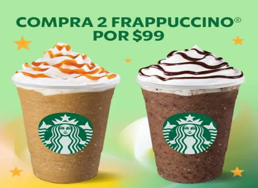 Podrás disfrutar de dos deliciosos Frappuccinos por tan solo 99 pesos. Foto.  Starbucks