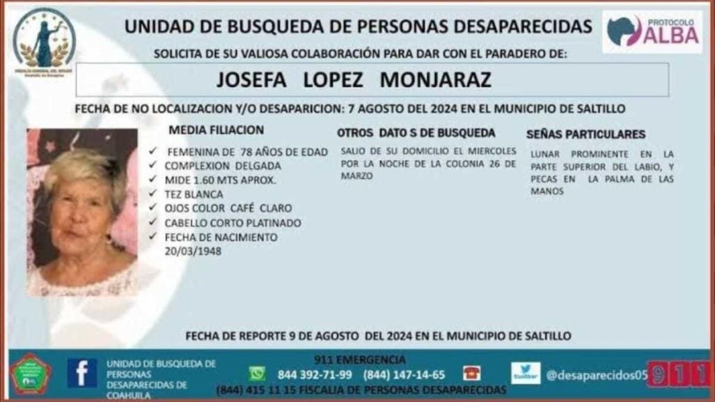 Continúa la búsqueda de Josefa López desaparecida en Saltillo