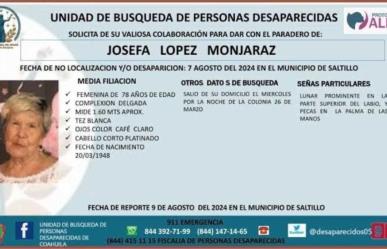 Continúa la búsqueda de Josefa López desaparecida en Saltillo