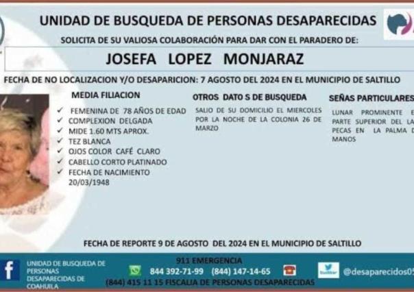 Continúa la búsqueda de Josefa López desaparecida en Saltillo