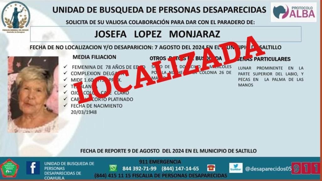 Localizan en Zacatecas a Josefa López, mujer desaparecida en Saltillo