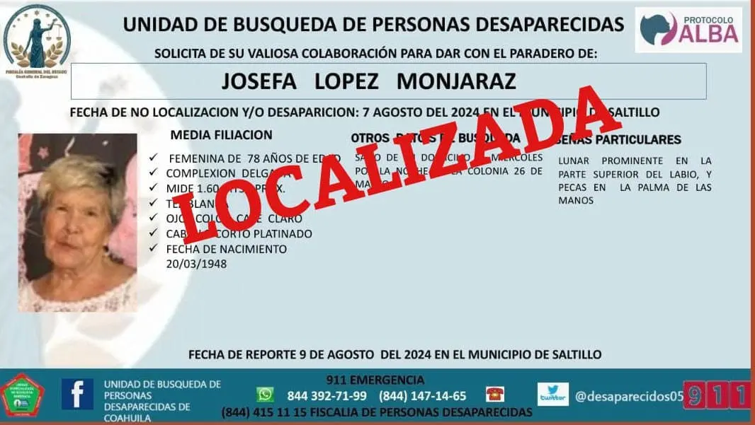 Ya fue localizada Josefa López Monjaraz. (Fotografía: Fiscalía)