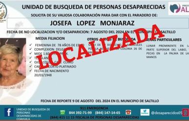 Localizan en Zacatecas a Josefa López, mujer desaparecida en Saltillo