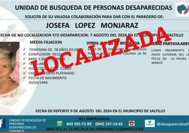 Localizan en Zacatecas a Josefa López, mujer desaparecida en Saltillo