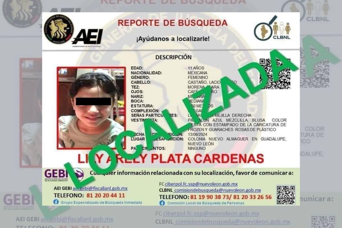 Menor que estaba desaparecida. Foto: Grupo Especializado de Búsqueda Inmediata