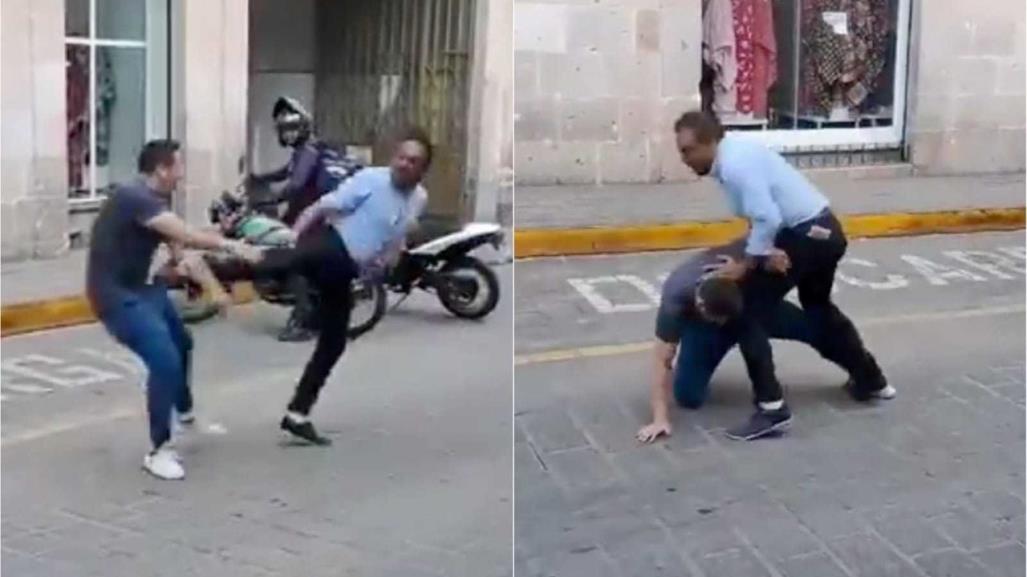 ¡Le cayó la voladora! Sujetos se pelean en pleno centro de Morelia (VIDEO)