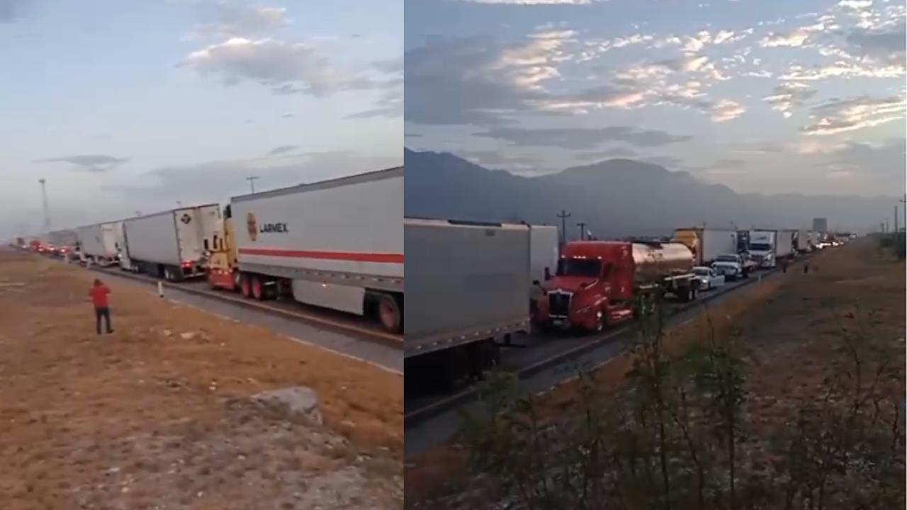 Traileros varados en medio de la Carretera Libre Monterrey - Saltillo / Foto: Redes Sociales