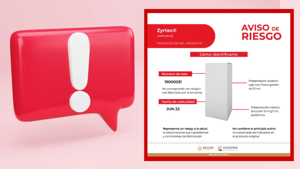 Alerta de Cofepris por falsificación de Zyrtec (cetirizina) solución pediátrica