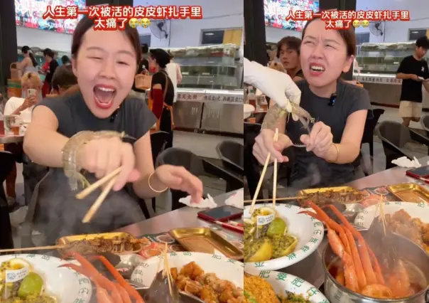 Camarón ataca a influencer en restaurante en China (VIDEO)