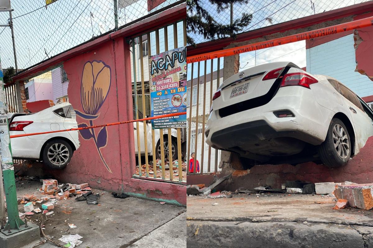 Auto derriba barda de casa en Iztapalapa. Foto: Ramón Ramírez