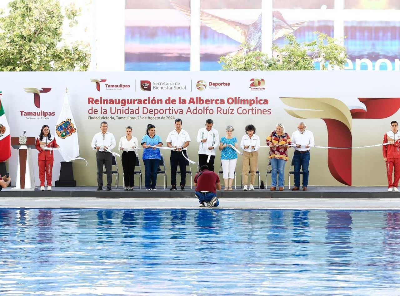 reinauguración de la alberca olímpica de la Unidad Adolfo Ruiz Cortines y de la pista de tartán en el estadio Marte R. Gómez. Foto: gobierno de Tamaulipas