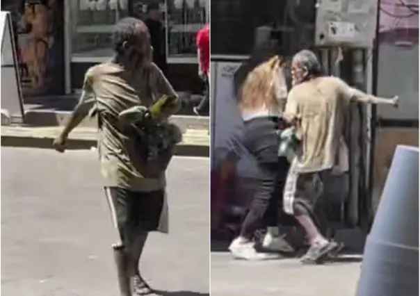 Indigente intenta agredir a mujeres en el centro de Monterrey (VIDEO)