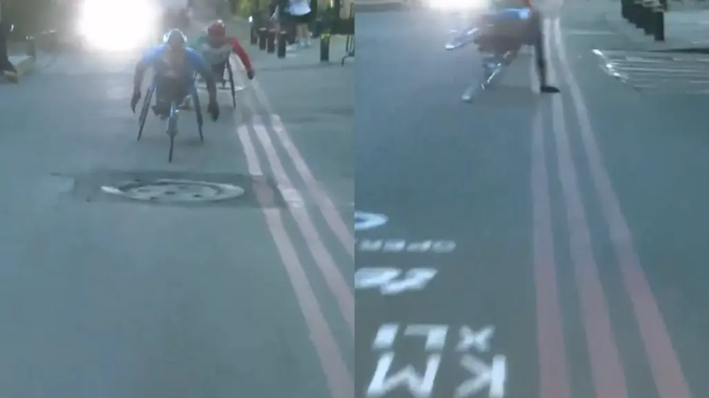 #VIDEO: Alcantarilla hace caer a participante en silla de ruedas en Maratón CDMX