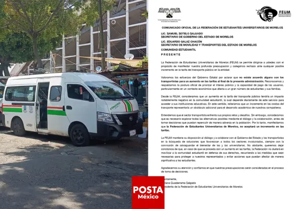 Estudiantes de Morelos advierten protestas si aumenta tarifa de transporte