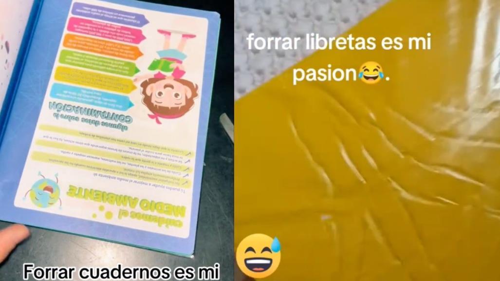 ¡Forrar libretas es mi pasión!: Papás muestran lado cómico de forrar libretas