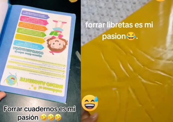 ¡Forrar libretas es mi pasión!: Papás muestran lado cómico de forrar libretas