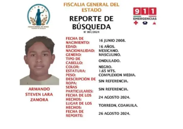 Solicitan apoyo para encontrar a joven de 16 años desaparecido en Torreón