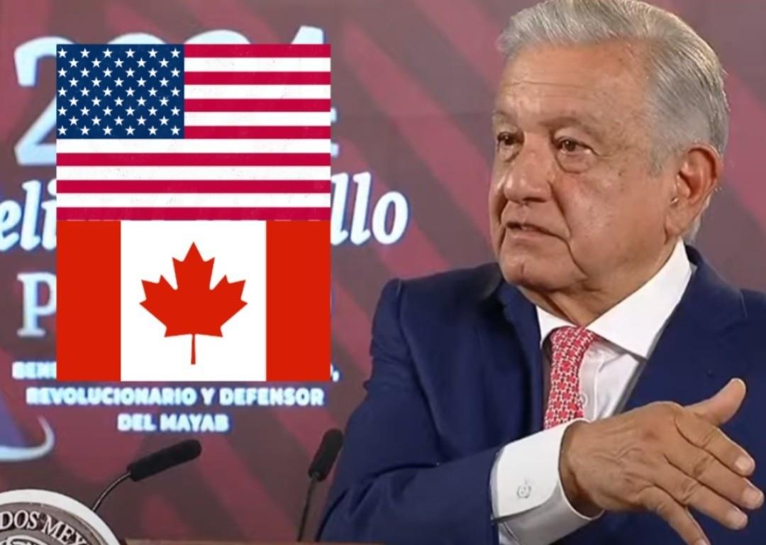 AMLO en su conferencia mañanera desde Palacio Nacional donde puso pausa a las relaciones con Canadá y Estados Unidos. Foto: Canva.