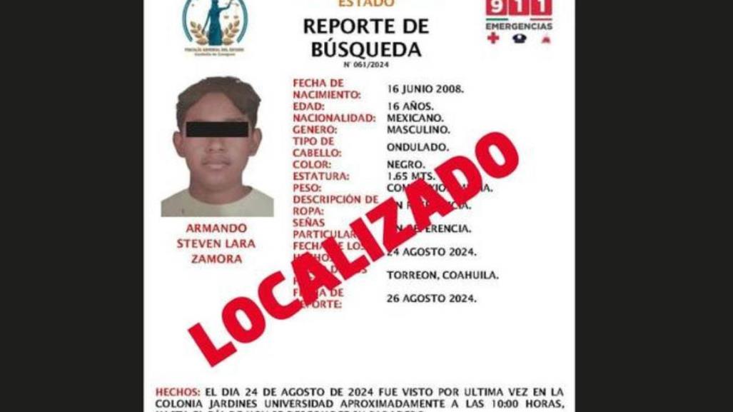 Localizan a Armando Steven, joven de 16 años desaparecido en Torreón