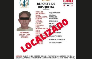 Localizan a Armando Steven, joven de 16 años desaparecido en Torreón