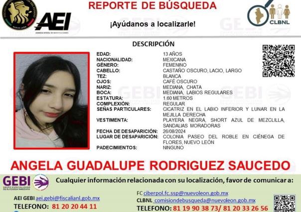 Desaparece Ángela Guadalupe de 13 años en Ciénega de Flores