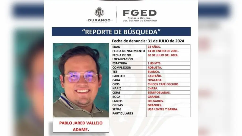 Pablo Jared, coahuilense desaparecido que se busca en Durango