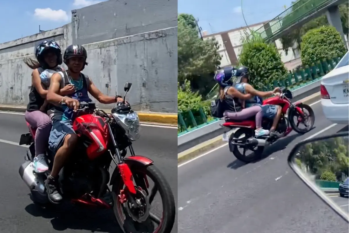 Pareja de motociclistas con pequeño abordo. Foto: Captura de pantalla/@JCWilliams54