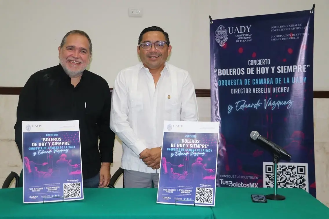 En rueda de prensa se presentó el concierto “Boleros de Hoy y Siempre” que es organizado por la La Uady, a través del Programa Institucional de Cultura para el Desarrollo.- Foto de la Uady