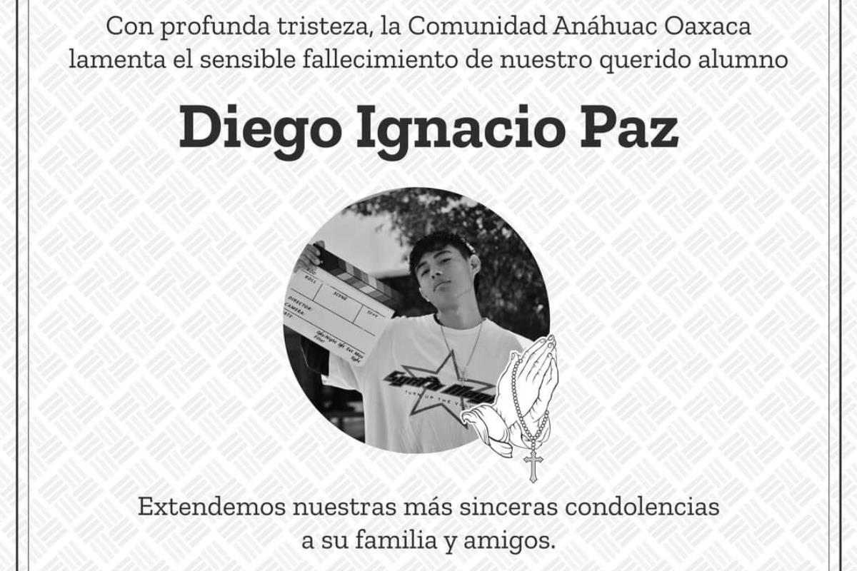 Esquela de Diego Ignacio N difundida por la Universidad Anáhuac Oaxaca. Foto: Especial